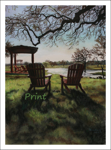 Relaxing Two Chairs Countryside Morning Light at the Vineyard Florence Texas Lake View Backlit Landscape Retirement Gift Fine Art PRINT