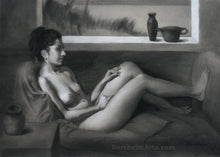 將圖片載入圖庫檢視器 Daydreaming of Yesterday Female Nude Drawing Charcoal Pastel Bedroom Decor Original Art Seated Woman
