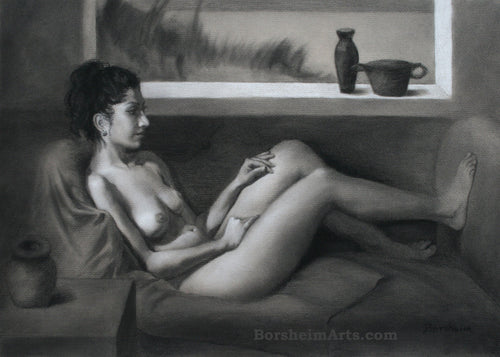 Daydreaming of Yesterday Female Nude Drawing Charcoal Pastel Bedroom Decor Original Art Seated Woman