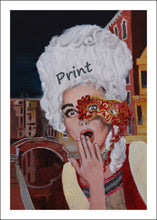 Laden Sie das Bild in den Galerie-Viewer, Oops Venice Italy Costume and Mask Fine Art PRINT of Painting Surprised Woman PAINTING Canal Oops! Venezia Casanova Grand Ball Menu Cover 2020
