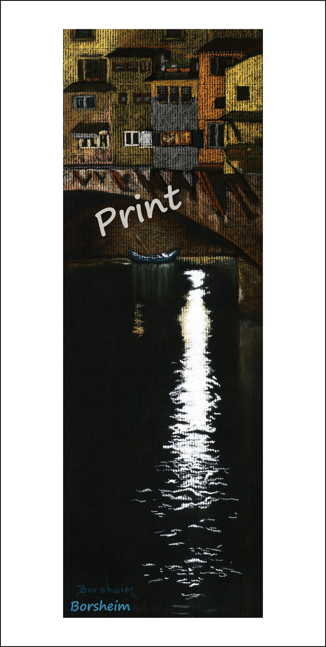 Dark Arno Florence Italy River Boat Under Bridge Water Night Scene Reflection - Fine Art PRINT reproduction