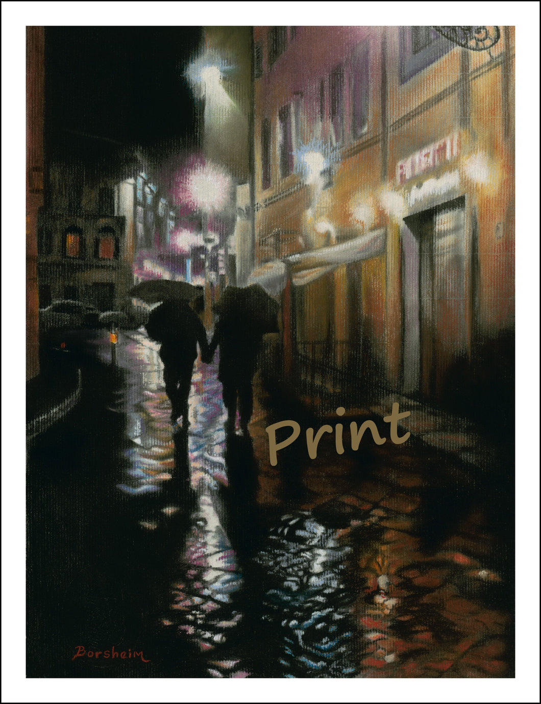 Couple Walking Rain Street Scene Florence Italy Travel Night Romantic PRINT Fine Art Reproduction Via della Spada