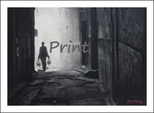 Load image into Gallery viewer, Going Home Fez Morocco Walking in Alley Black and White Charcoal Drawing Single Figure carrying Groceries Home Fine Art PRINT
