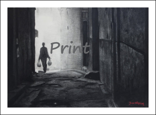 Going Home Fez Morocco Walking in Alley Black and White Charcoal Drawing Single Figure carrying Groceries Home Fine Art PRINT