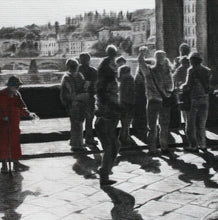 Load image into Gallery viewer, Detail Ponte Vecchio Florence Italy Bridge People Beggar Woman Backlit Scene Tuscany Fine Art PRINT Begging Woman Tourist Print
