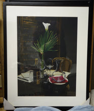 Carica l&#39;immagine nel visualizzatore di Gallery, Framed A Night&#39;s Promise Home Table Setting for TWO Wine Transparent glass Palm Romantic - ORIGINAL Pastel Drawing Black Paper
