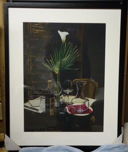 Framed A Night's Promise Home Table Setting for TWO Wine Transparent glass Palm Romantic - ORIGINAL Pastel Drawing Black Paper