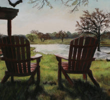 Load image into Gallery viewer, Detail of Relaxing Two Chairs Countryside Morning Light at the Vineyard Florence Texas Lake View Backlit Landscape Retirement Gift Fine Art PRINT
