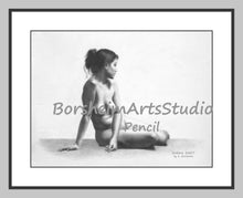 Load image into Gallery viewer, with faux mat or sample framing idea Isidora digital download of original drawing of nude woman seated and looking away from viewer
