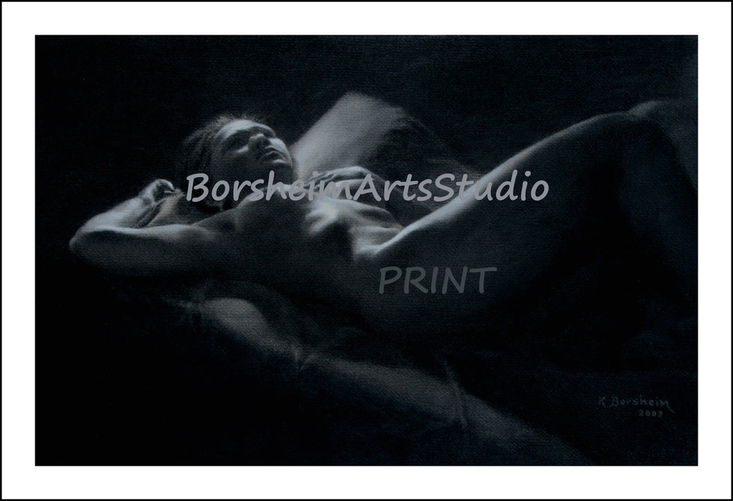 Hindsight - Nude Woman Lying in Bed Thinking Thinker Night Scene Black and White - Fine Art PRINT