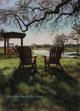 Carica l&#39;immagine nel visualizzatore di Gallery, Morning Light at the Vineyard - Florence, Texas Sun Chairs Relax Lake View - ORIGINAL Pastel Painting
