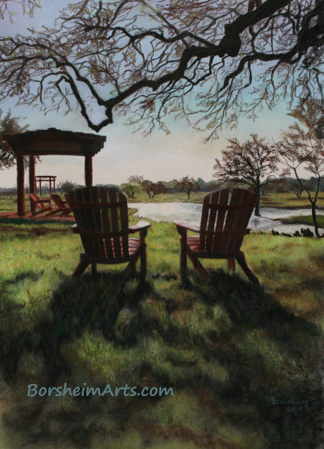 Morning Light at the Vineyard - Florence, Texas Sun Chairs Relax Lake View - ORIGINAL Pastel Painting
