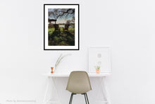 Load image into Gallery viewer, Shown in Room Relaxing Two Chairs Countryside Morning Light at the Vineyard Florence Texas Lake View Backlit Landscape Retirement Gift Fine Art PRINT
