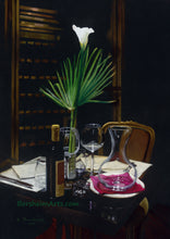 將圖片載入圖庫檢視器 A Night&#39;s Promise Home Table Setting for TWO Wine Transparent glass Palm Romantic - ORIGINAL Pastel Drawing Black Paper
