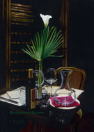 A Night's Promise Home Table Setting for TWO Wine Transparent glass Palm Romantic - ORIGINAL Pastel Drawing Black Paper