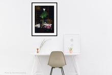 將圖片載入圖庫檢視器 Sample Setting Art in Room A Night&#39;s Promise Home Table Setting for TWO Wine Transparent glass Palm Romantic - ORIGINAL Pastel Drawing Black Paper
