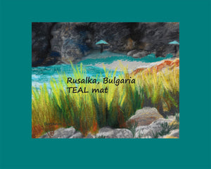 Teal mat Rusalka Bulgaria Seaside Grasses Landscape Painting of Beach Resort Black Sea Golden Green Grasses Teal waters Digital Download Pastel Art