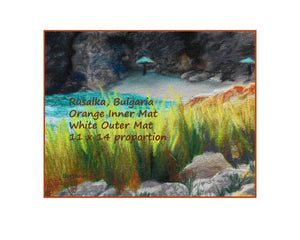 with border orange inner mat Rusalka Bulgaria Seaside Grasses Landscape Painting of Beach Resort Black Sea Golden Green Grasses Teal waters Digital Download Pastel Art
