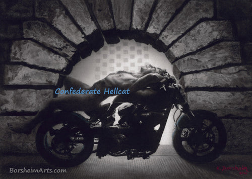 Hellcat at the Pitti - Nude Man on Confederate Hellcat Motorcycle Mature Original Charcoal Drawing from Florence, Italy