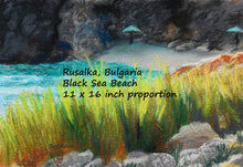 將圖片載入圖庫檢視器 Rusalka Bulgaria Seaside Grasses Landscape Painting of Beach Resort Black Sea Golden Green Grasses Teal waters Digital Download Pastel Art
