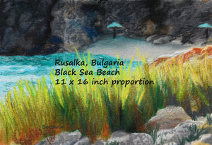 Rusalka Bulgaria Seaside Grasses Landscape Painting of Beach Resort Black Sea Golden Green Grasses Teal waters Digital Download Pastel Art