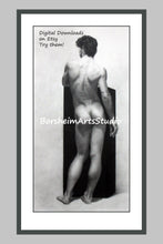 Laden Sie das Bild in den Galerie-Viewer, reminiscent of Michelangelo&#39;s David Standing male nude with podium Classical art drawing digital download
