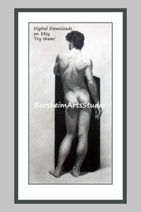 reminiscent of Michelangelo's David Standing male nude with podium Classical art drawing digital download