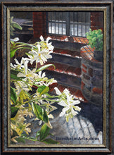 Laden Sie das Bild in den Galerie-Viewer, Jasmine in the Afternoon Backlit Oil Painting Stone and Brick Terrrace Home
