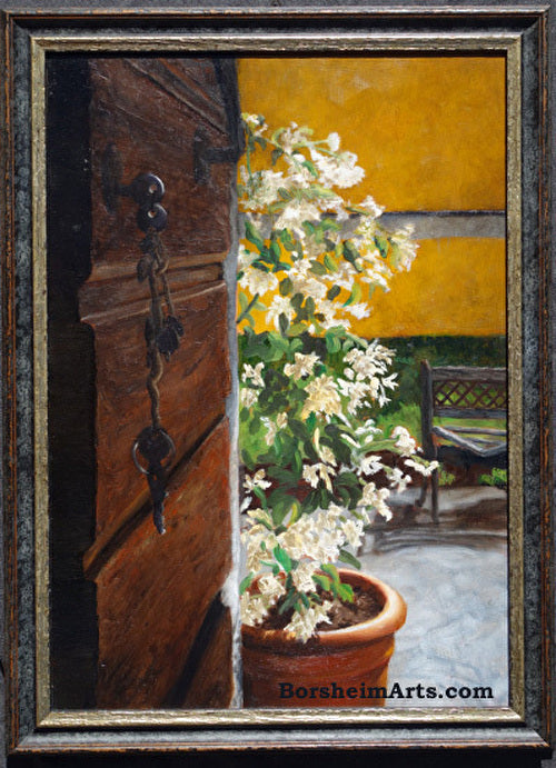 Keys to La Casa Oil Painting Home Entrance With Jasmine in Rustic home