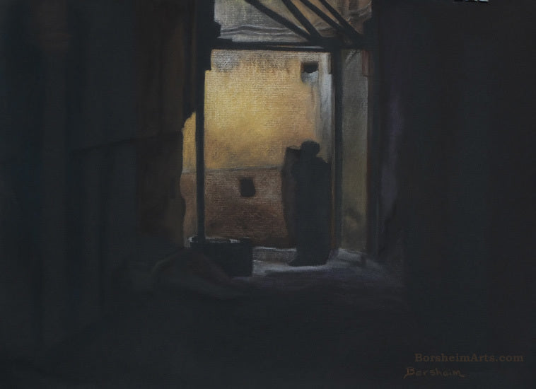 Another Dark Figure Standing in a bend in the corridor African architecture yellow Mysterious Fez Marrakesh Morocco Exhibition Pastel Art
