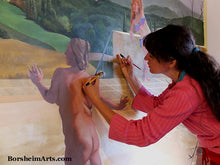 Charger l&#39;image dans la galerie, Artist Kelly Borsheim paints fast with acrylic with both hands for a mural in Tuscany, Italy.
