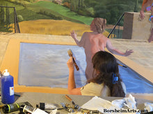 Load image into Gallery viewer, The illusion of water in a swimming pool with a nude bather is painted in an acrylic mural by artist Kelly Borsheim.
