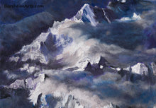 Load image into Gallery viewer, The Alps Landscape Painting Detail Mountain Peaks Soft clouds spill over the pointed peaks in a color combination of purple, blue, and orange.
