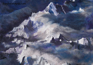 The Alps Landscape Painting Detail Mountain Peaks Soft clouds spill over the pointed peaks in a color combination of purple, blue, and orange.