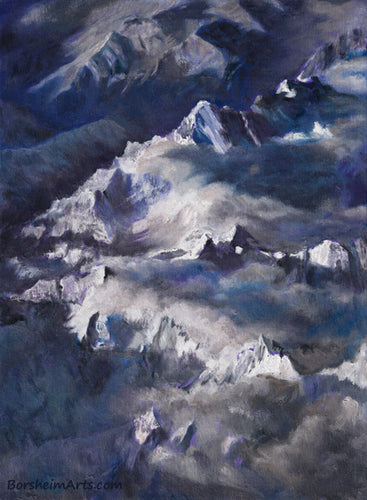 The Alps Landscape Painting Winter I chose to paint the Alps Mountain Peaks starting with a bright purple as a campitura on the canvas. Then took a palette knife of white paint to spread on some triangles, building up texture. Soft clouds spill over the pointed peaks in a color combination of purple, blue, and orange.