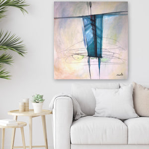 Splash some soft colors into a neutral living room for a gorgeous focal point.  Abstract figure painting by Dragana Adamov
