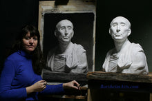 Load image into Gallery viewer, Artist Kelly Borsheim puts the finishing touching to her charcoal and pastel drawing from a plaster cast of Niccolo&#39; da Uzzano, colleague of the Renaissance Medici family in Florence, Italy.
