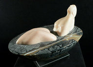 Mother Earth Figure sculpture of woman looking to the heavens, Portuguese rose marble figure with Picasso marble bath oval on a square granite base.  Land 2006 stone sculpture by Vasily Fedorouk
