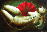 Red umbrella parasol with figure of woman original figurative oil painting by Vasily Fedorouk
