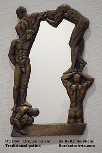 Traditional Patina Oh Boy! Bronze Mirror of Nude Men