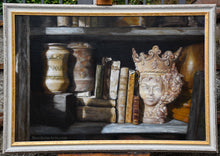 Laden Sie das Bild in den Galerie-Viewer, Queen of the Shelf Books Realism Original Still Life Oil Painting Framed with White distressed wood and gold inner lining
