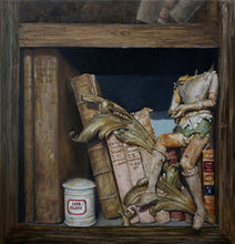 Cargar imagen en el visor de la galería, Sitting on a Shelf Headless Antique Wooden Puppet Bookshelf Library
