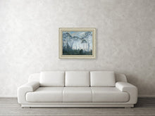 Load image into Gallery viewer, example of a framed print hung over a white couch.  Tasmania in the Clouds, landscape painting of trees in Southern Australia
