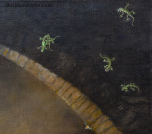 Detail of Lizards Watching and making love Curiosity of Pandora - Painting of God Hermes and the Box Greek Mythology