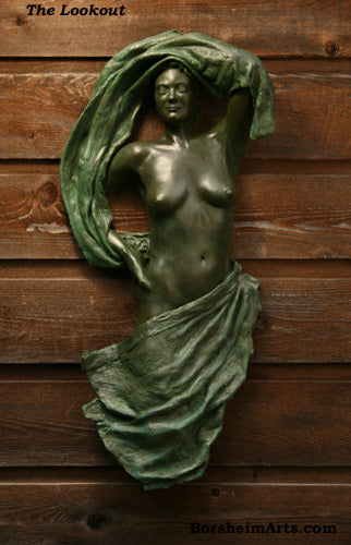 Lookout Bronze Woman with Fabric Wall hanging Art Relief Sculpture