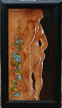 Cargar imagen en el visor de la galería, 32 x 16 inches before frame, full view in frame of Florentia Painting of Woman Sculpture Florentine Calligraphy Sidelit
