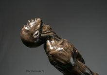 Load image into Gallery viewer, Detail in profile of the black man leaning back and screaming intensely with effort to resist or rebel from what is holding him down,  Against the Dying of the Light - Rage Rage bronze sculpture
