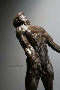 Against the Dying of the Light - Rage Rage bronze sculpture detail of clenching hand coming towards you.