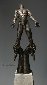 Front view of all of bronze figure sculpture Against the Dying of the Light - Rage Rage bronze sculpture