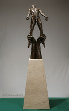 Cargar imagen en el visor de la galería, Against the Dying of the Light - Rage Rage bronze sculpture of a black man triumphing against something greater than him, with 4 side pyramid stone base, floor-standing sculpture

